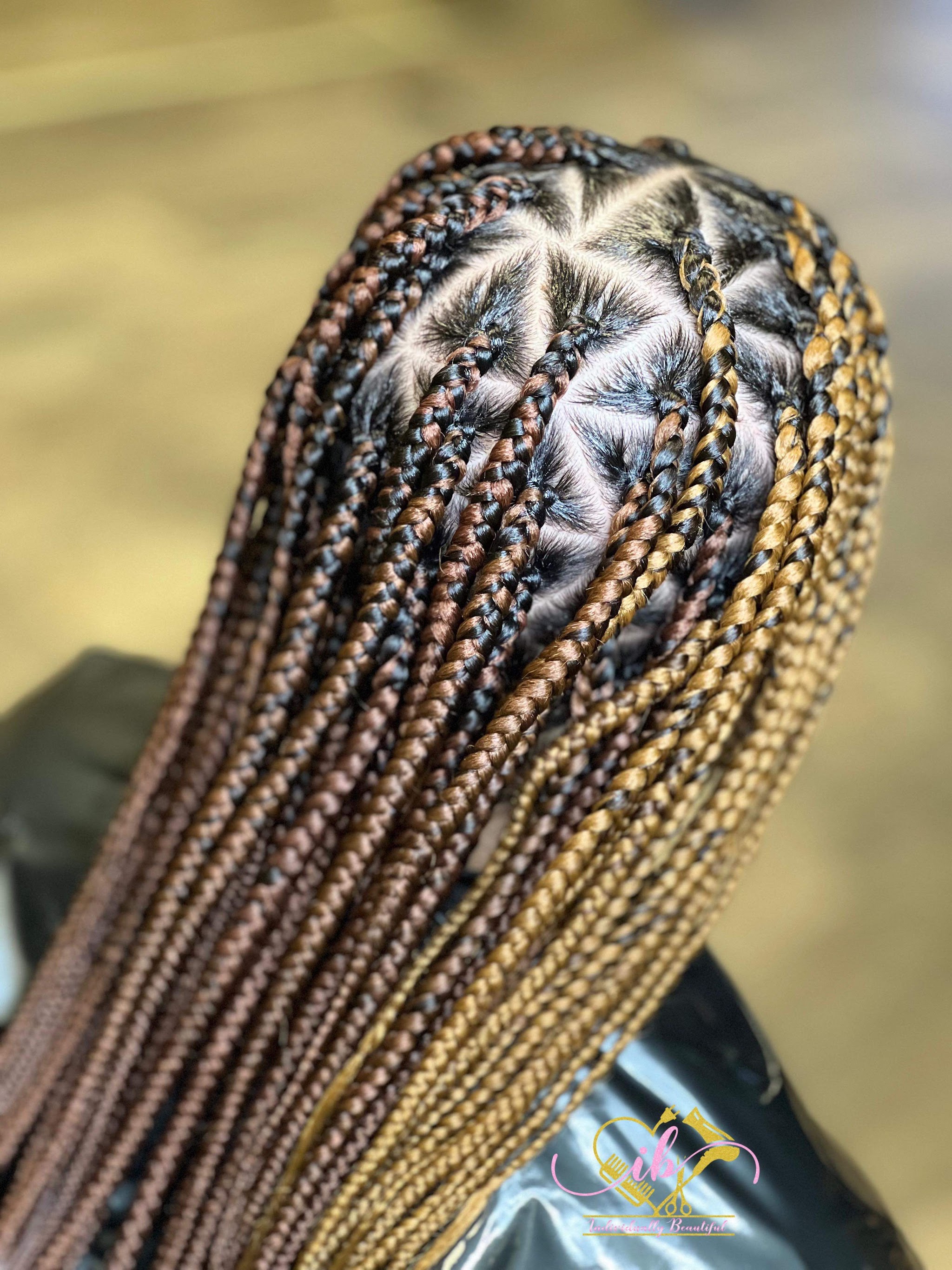 Knotless box braids with blonde highlights, finished at our studio